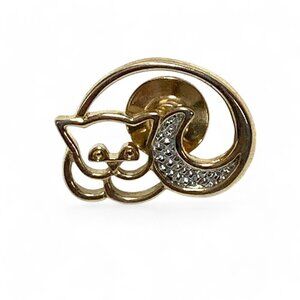 Vintage Avon Cat-Themed Pin With Pave Crystal Tail Minimalist Design Gold Tone